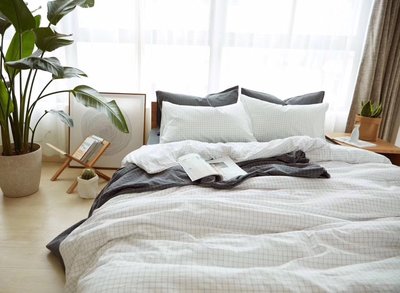 #S.S 日本品牌2017新款良品 細白格紋 水洗棉純棉材質雙人床包單人床包組 棉被床罩寢具 ikea 無印