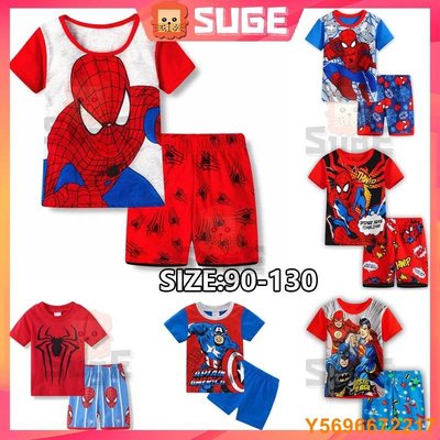 布袋小子【 Suge 】兒童睡衣套裝短袖 T 卹短褲兒童男孩女孩睡衣卡通蜘蛛俠嬰兒睡衣