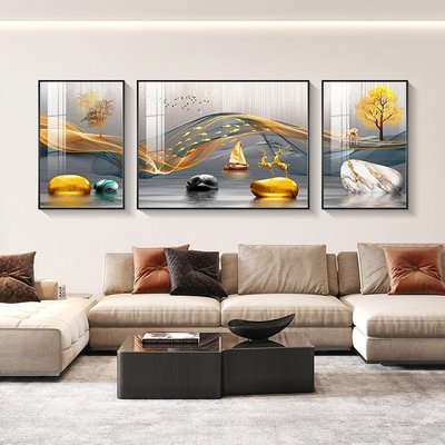 特賣-福祿滿圓 現代簡約客廳裝飾畫輕奢沙發背景墻掛畫三聯畫麋鹿壁畫