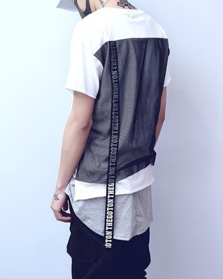 FINDSENSE Z1 韓國 男 時尚 街頭 後背網布飄帶拼接 寬鬆圓領 短袖T恤 特色短T