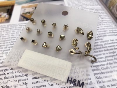 [ AD lib 代購 ] 出清 H&amp;M 金色 9對 單水鑽 珠珠 愛心 星星 河馬 貝殼 造型 耳環