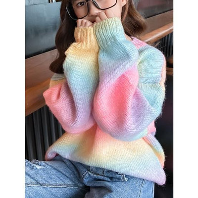 【小點點】??女童彩虹毛衣網紅洋氣秋冬裝2023新款兒童針織衫上衣親子裝時髦