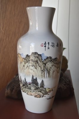 【大和舊貨】早期 中華陶瓷.山水/清江垂釣 花瓶  [台北 任克重 監製]高42.2公分