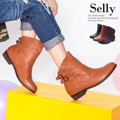 牛皮 牛麂皮 斜口皮帶釦低跟短靴-Selly-沙粒-(ZS108)-麂皮深咖/牛皮棕色