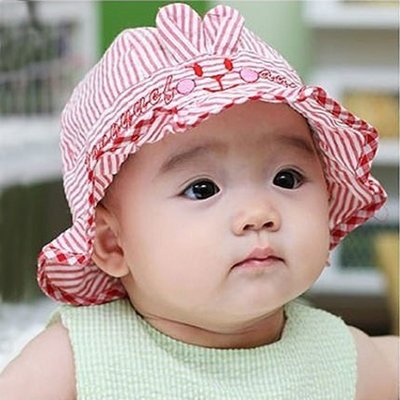 ＊愛漂漂＊【H006】立體兔耳朵條紋遮陽帽 漁夫帽 嬰兒帽 女童幼童帽 帽子