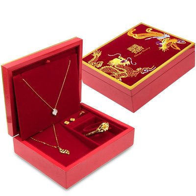 熱銷 大紅色絨布結婚三金首飾盒陪嫁黃金套裝五金嫁妝盒龍鳳手鐲禮品盒
