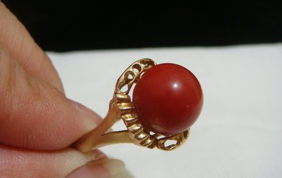 純手工鑲製 收藏級 20888元含運費 阿卡級紅珊瑚大圓珠K金戒指
