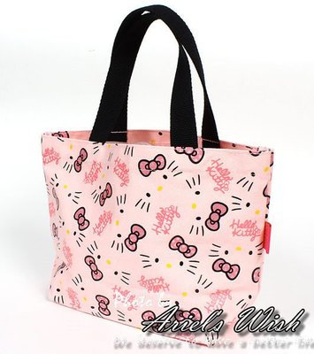 Ariel's Wish-日本限定Hello Kitty粉色底銀色亮粉蝴蝶結凱蒂貓帆布包手提包便當袋外出袋-現貨*1