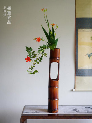 竹筒花器帶根中華花藝 竹製花瓶擺件 禪意中式日式瓶花插花器皿-瑞芬好物家居