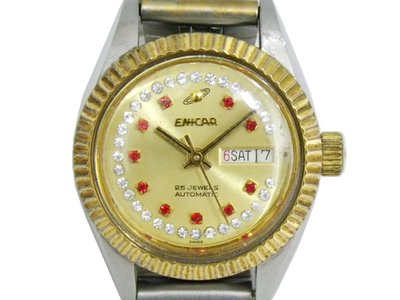 [專業] 機械錶 [ENICAR 7773302] 英納格 蠔式半金自動上鍊女錶[金色面+星+日期]時尚錶