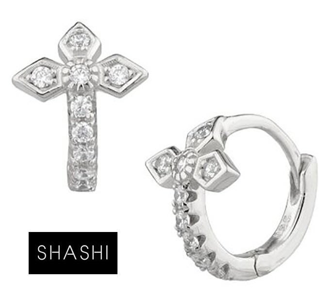 SHASHI 台北直營店 紐約品牌 Gia Huggie 鑲鑽英式十字架小圓耳環 925純銀鑲白K金