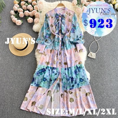 JYUN'S 新款雪紡女神氣質排扣修身長款印花泡泡袖度假裙長袖洋裝連身裙大尺碼1色M~2XL預購