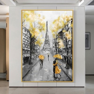 手工油畫手繪油畫埃菲爾鐵塔城市玄關背景墻裝飾畫巴黎輕奢畫餐廳客廳掛畫