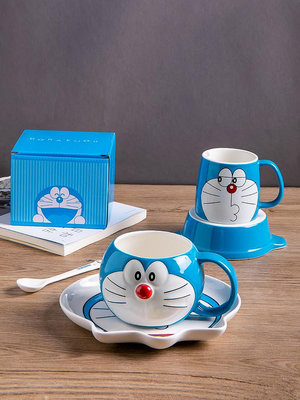 哆啦A夢兒童水杯陶瓷可愛機器貓藍胖子碗盤套裝家用叮當貓帶蓋杯