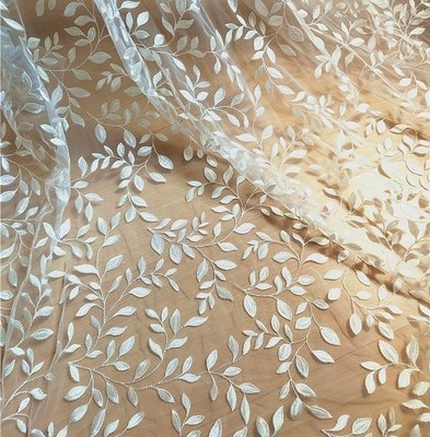 【熱賣精選】新款米白色柔軟樹葉刺繡面布料婚紗禮服裝直播背景裝飾門窗簾桌布