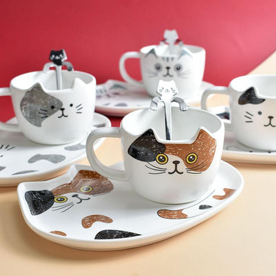 咖啡杯 茶杯 馬克杯 耐熱杯 咖啡用具 牛奶杯 交換禮物咖啡杯子碟勺套裝陶瓷女小奢華精致貓咪可愛帶托盤下午茶餐具