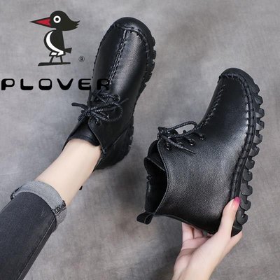 PL--OVER啄木鳥真皮軟底縫線牛皮靴2021新款防滑耐磨加絨短靴單靴