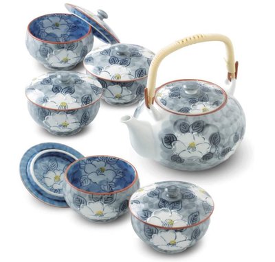 11635A 日本製造 好品質 藍色茶花茶具一壺茶碗組 日式和風花朵陶瓷壺茶壺茶碗泡茶壺套裝陶器提樑壺茶杯蓋碗擺件禮品