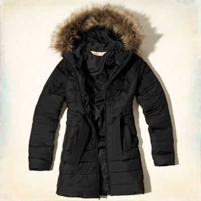 全新轉賣 美國Hollister HCO (A&amp;F AF) 女生 長版 鋪棉 黑色 外套 寒流來可穿 超保暖