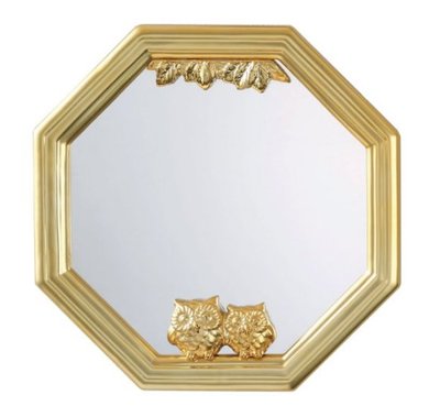 日本製造 古典歐式金黃色貓頭鷹鏡子八角形化妝鏡牆壁上掛式鏡子擺設品裝潢物品送禮禮物 6026c