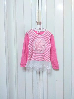 粉色橫條紋 玫瑰蕾絲 彈力薄長袖上衣T恤連身長版洋裝 約身高120公分適穿