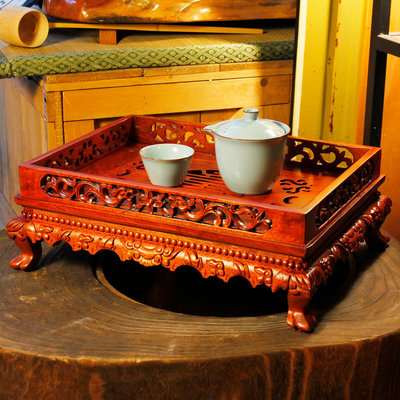 【桑園の】古典 雕刻 茶道具 花梨木 透雕 茶盤 泡茶台 煎茶台 水盤 一體 Q 5188