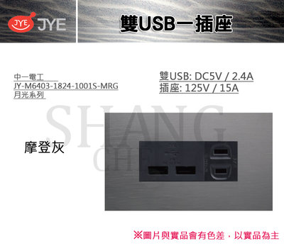 中一 JYE 月光系列 USB 插座 雙USB一插座 中一電工 JY-M6403-1824-1001S-MRG 摩登灰