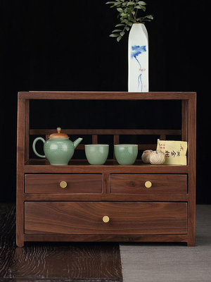 北美胡桃木茶具收納櫃功夫茶道防塵置物架小桌邊櫃茶杯茶壺展示櫃