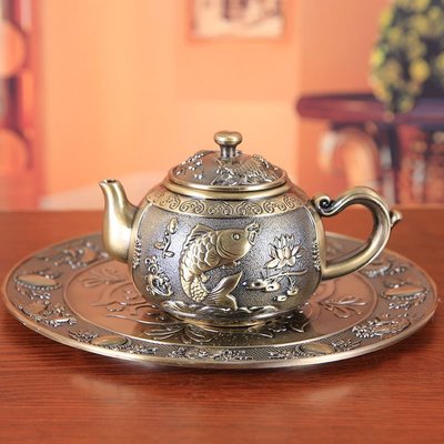 現貨熱銷-高檔青銅錦鯉茶具套裝紅銅茶具套裝復古中式家用整套送禮擺件~特價
