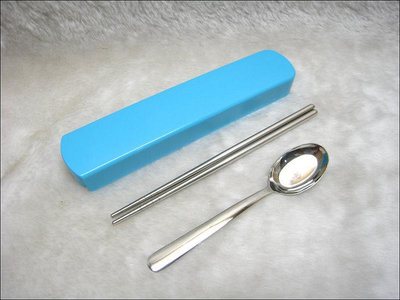 #304二入平底湯匙抽式盒餐具組-S-034-292-水藍色