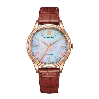 CITIZEN 星辰錶 簡約三針女生皮帶腕錶 EM0419-11D 玫瑰金+紅皮帶