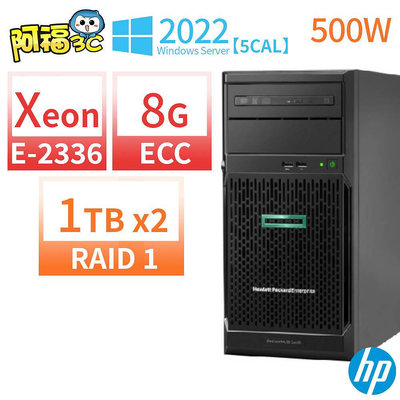 【阿福3C】HP HPE ML30 Gen10商用伺服器E-2336/ECC 8G/1TBx2/Server 2022 STD 5CAL/500W/三年保固