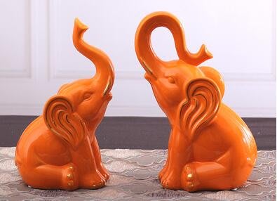5083A 歐式陶瓷橘色大象一對擺飾 陶瓷對象擺飾可愛福氣小馬工藝品裝飾品禮物