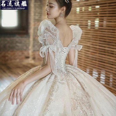 一字領重工婚紗禮服2022新款新娘主紗復古奢華大拖尾高級質感法式-名流