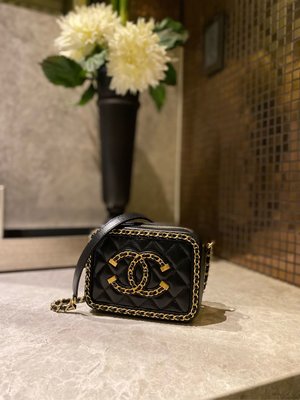 【翰貝格名牌館】全新真品 CHANEL Vanity 限量 黑色 牛皮 滾金鏈 雙C mini 化妝箱包 A84452