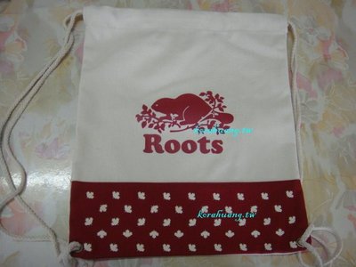 Roots 抽繩 帆布 後背包 LOGO背包 楓葉 米+紅配色