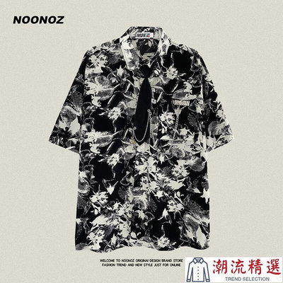 NOONOZ新款黑色水墨印花短袖襯衫男潮牌寬松情侶休閑百搭襯衣-潮流精選