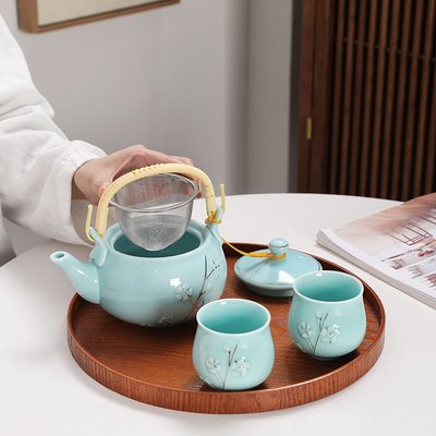 青瓷茶壺茶具套裝家用景德鎮陶瓷大號提梁壺現代簡約輕奢茶杯茶盤