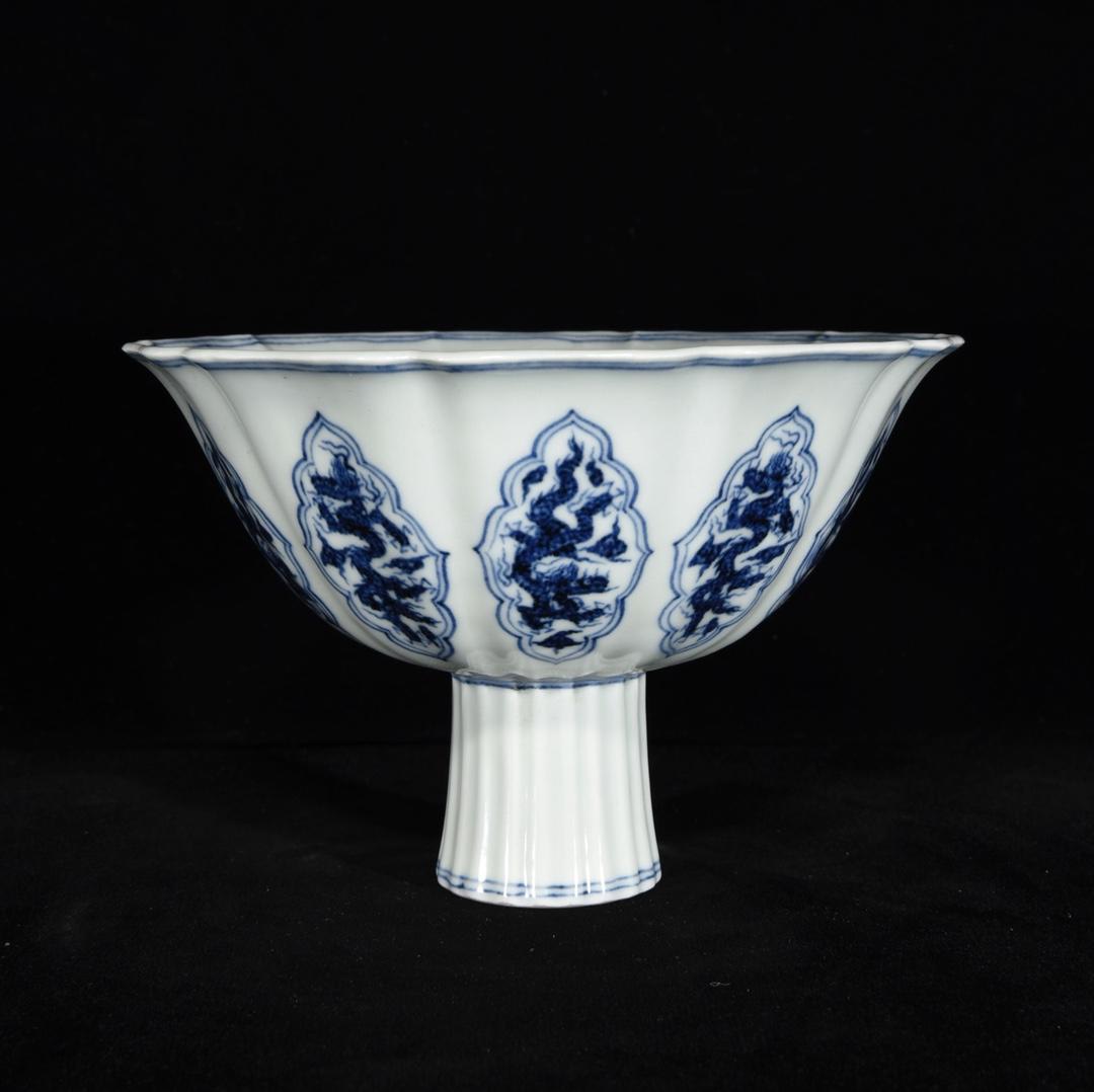 明宣徳青花海水龍紋十稜洗古美術高さ4.5cm 直径17.5cm【HB267】-