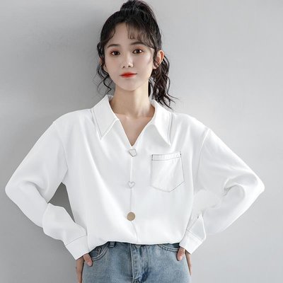 【Miss Xue】長袖襯衫 白色襯衫女 設計感小眾 韓版 polo衫 襯衣女 長袖上衣 女生衣服