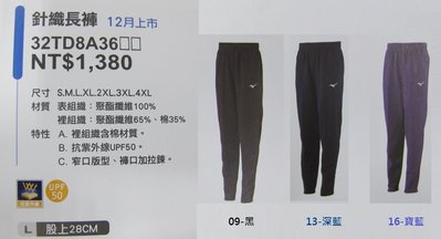 Mizuno 美津濃 針織運動長褲(窄口、褲口加拉鍊) 抗紫外線UPF50 (32TD8A36-剩寶藍色)(2XL~4XL)