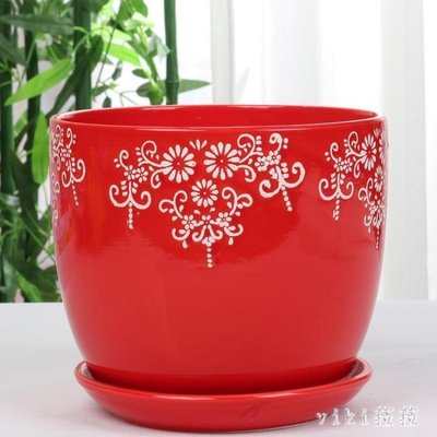 熱賣中 中國風大紅色陶瓷花盆有孔喜慶花盆純紅個性創意花盆 nm5375