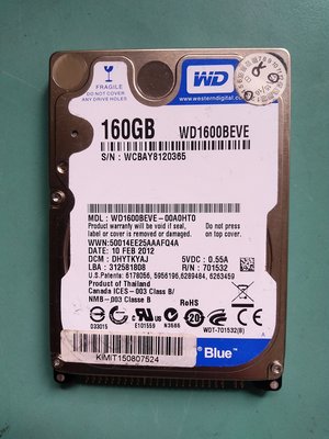 (經典) WD藍標 2.5吋 IDE筆電硬碟 160GB(160G) WD1600BEVE-00A0HT0 (218)