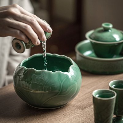 現貨熱銷-青瓷浮雕青荷建水水盂陶瓷功夫茶具配件茶洗復古水洗家用茶渣缸