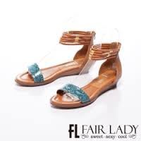 Fair Lady 藍色 異國情調 繞帶式壓蛇紋真皮平底涼鞋