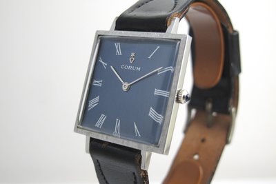 MOTAFISH CORUM 崑崙 Vintage 手上鏈方型腕錶 藍色原面無翻寫 原裝龍頭鑲有藍寶石 錶況良好