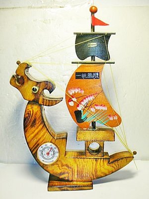 L.純手工製木質帆船溫度計擺飾---值得收藏!/長2/-P
