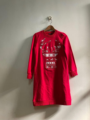MOMA 紅色圓領前聖誕麋鹿貼布裝飾長袖內刷毛連身裙 / 34 / 2179