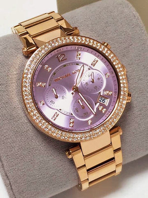 Michael KORS MK6169 玫瑰金 晶鑽 紫色錶面 不銹鋼錶帶 三眼計時腕錶 MK女錶
