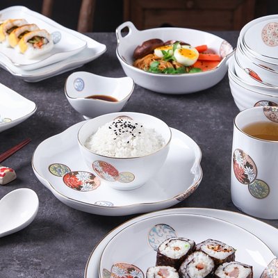 格格巫e優啦日式簡約陶瓷盤子碗碟餐具套裝創意家用吃飯碗筷盤6-8人組合